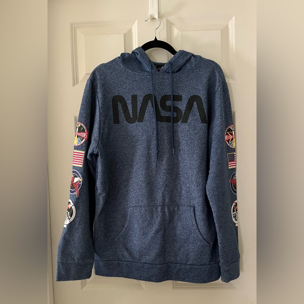 Men’s Aldrin Family Foundation Nasa Hoodie Blue Kangaroo Pocket Sweatshirt L